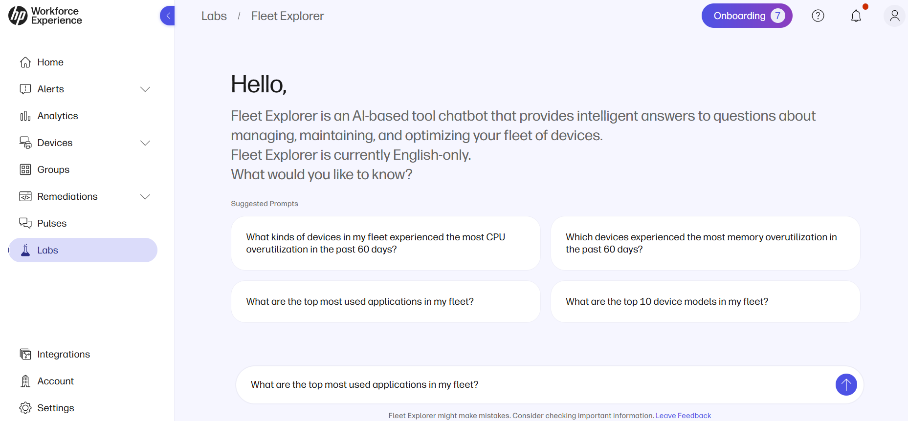 The HP Workforce Experience Platform (WXP) includes Fleet Explorer, an AI-powered IT chatbot for gaining insights on device performance, usage trends, and issues related to security.