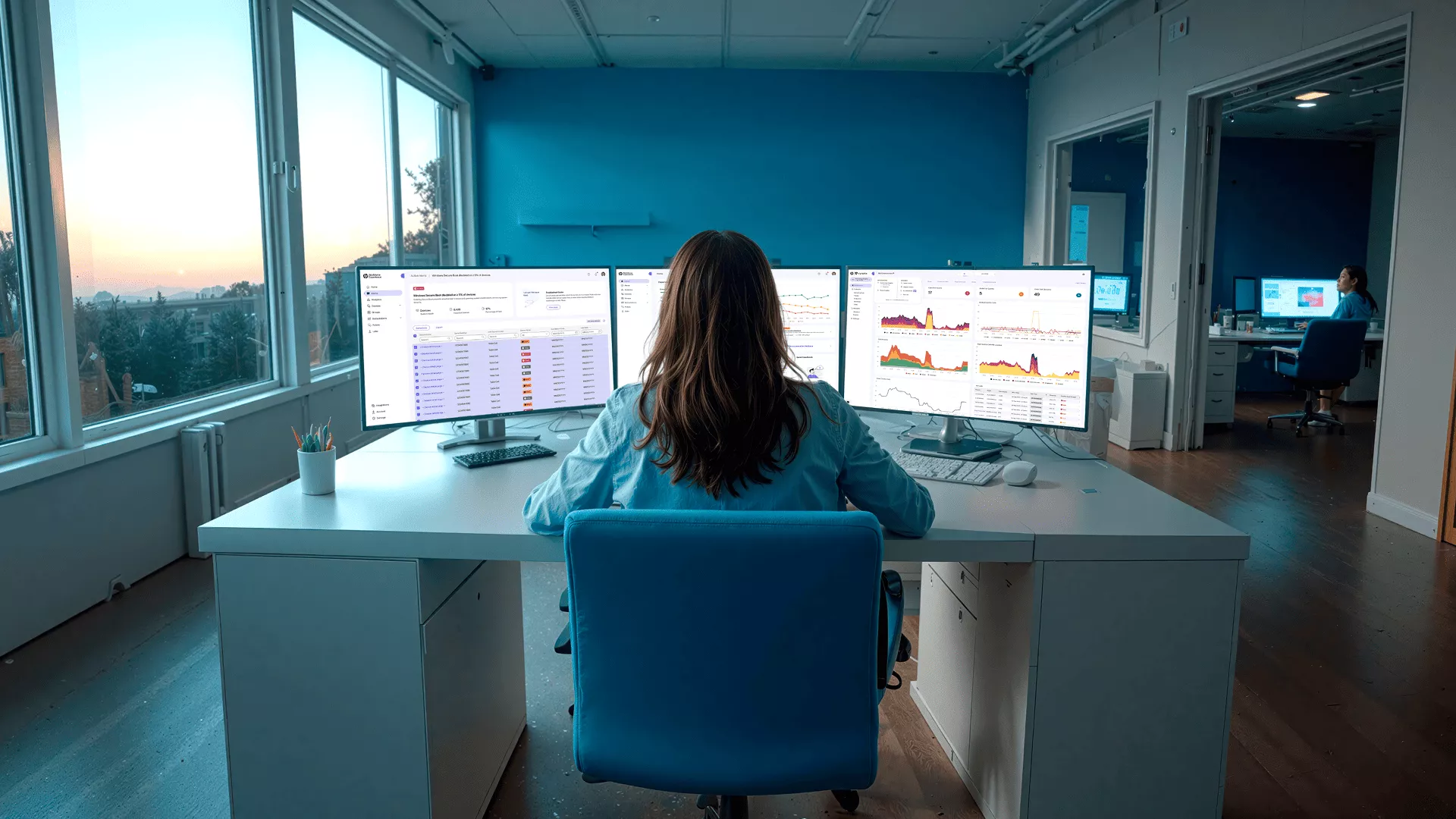 HP worker in front of 3 screens reviewing WXP platform interface