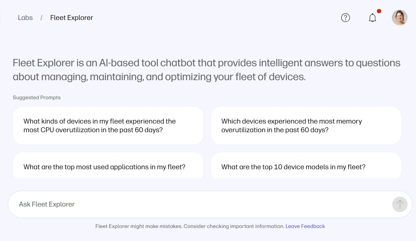 In 2025, the WXP team launched Fleet Explorer, an AI chatbot for modernizing IT with database querying through natural language. IT teams are using this tool to quickly retrieve data analysis and insights for fleets they manage.