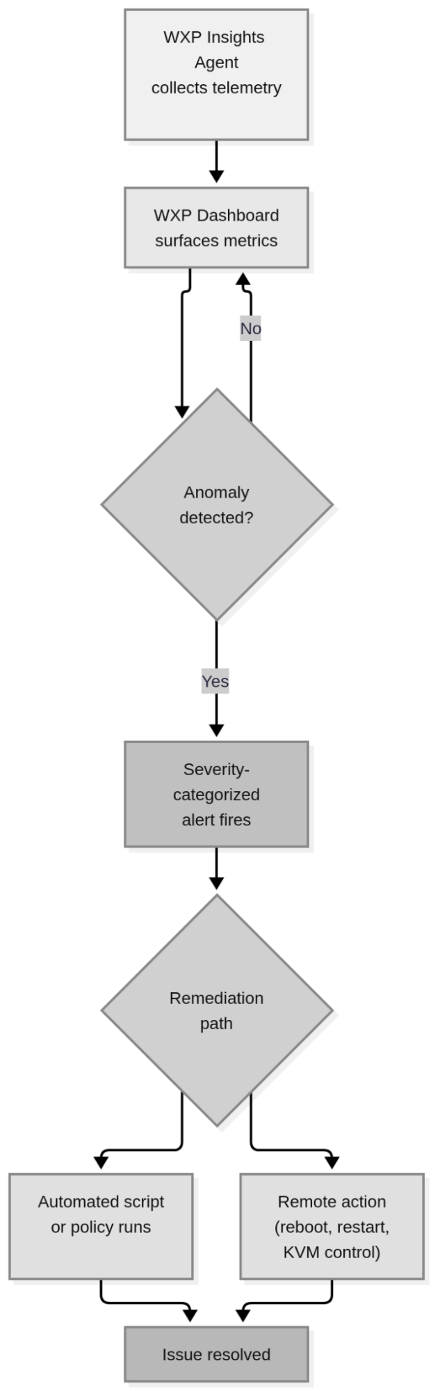 Diagram of endpoint monitoring, metrics, and remediation coming together in WXP